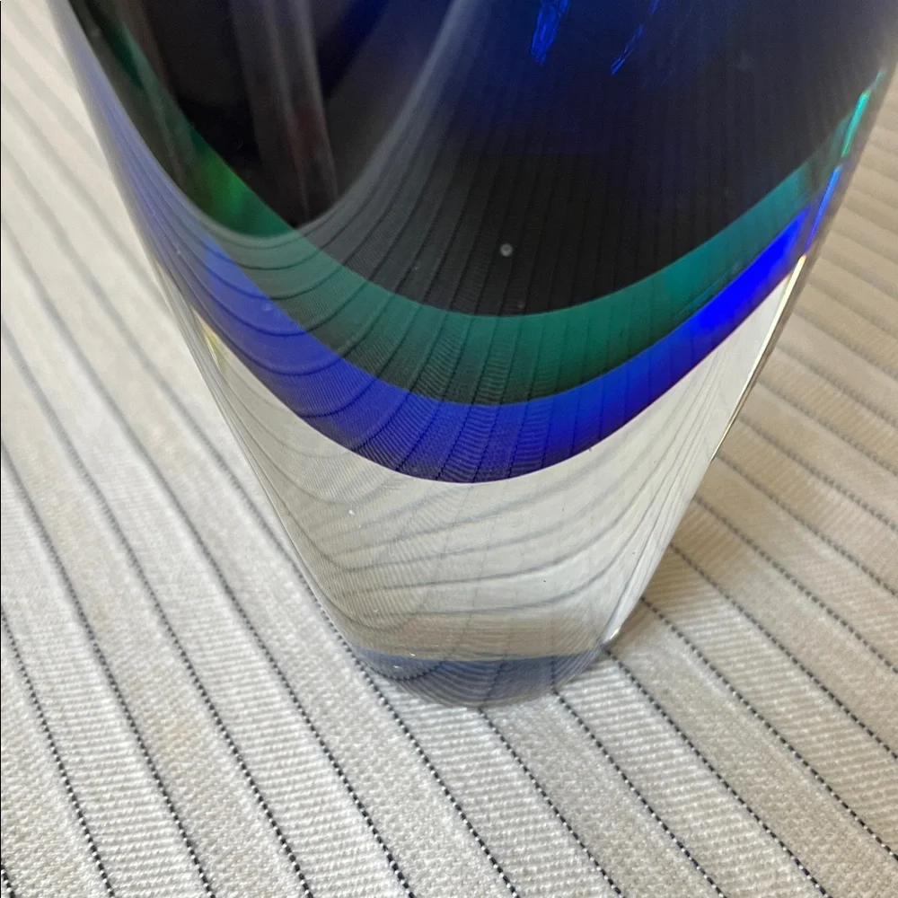 Crate and Barrel Camden Tri Color Clear, Blue and Green Glass Vase.
